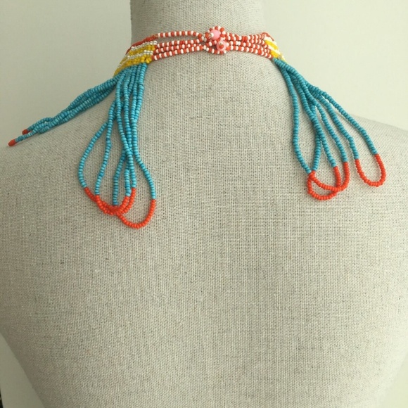 Vintage 70s 80s Hand Beaded Statement Tribal Choker Collar Necklace - Picture 2 of 3